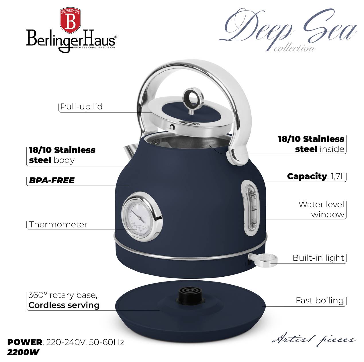 Obrázok produktu čajnika Berlinger Haus Deep Sea s označenými funkciami: kapacita 1,7 l, telo a vnútro z nehrdzavejúcej ocele 18/10, bez BPA, teplomer, okienko na kontrolu hladiny vody, vstavaný reflektor, otočný podstavec a výkon 2200W.