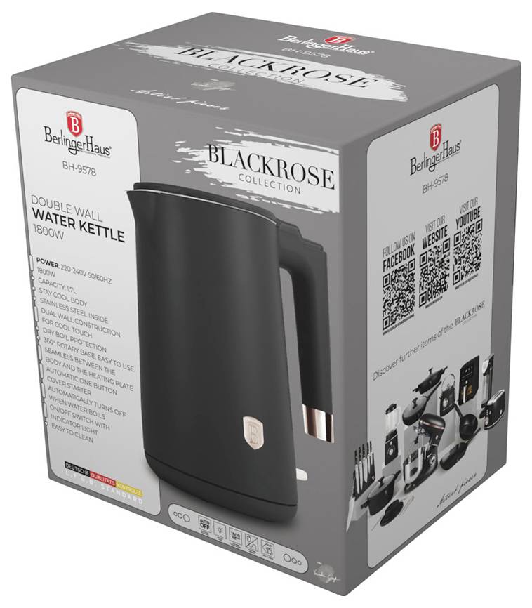 Produkt balenie pre BerlingerHaus Black Rose dvojstennú vodný čajník, zobrazujúce čierny čajník a text funkcií na balení.