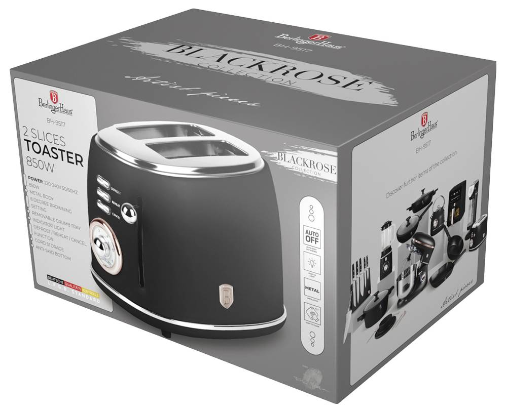 Baleniebielko pre 2-plátkovú opékaču Black Rose 850W, s obrázkom produktu a ikonami funkcií na stranách.