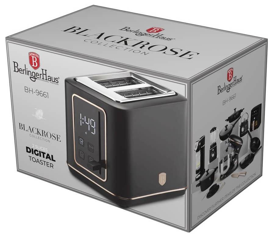 Krabica pre Berlinger Haus BLACK ROSE Collection BH-9661 digitálny toaster, zobrazujúca čierny toaster s digitálnym displejom.