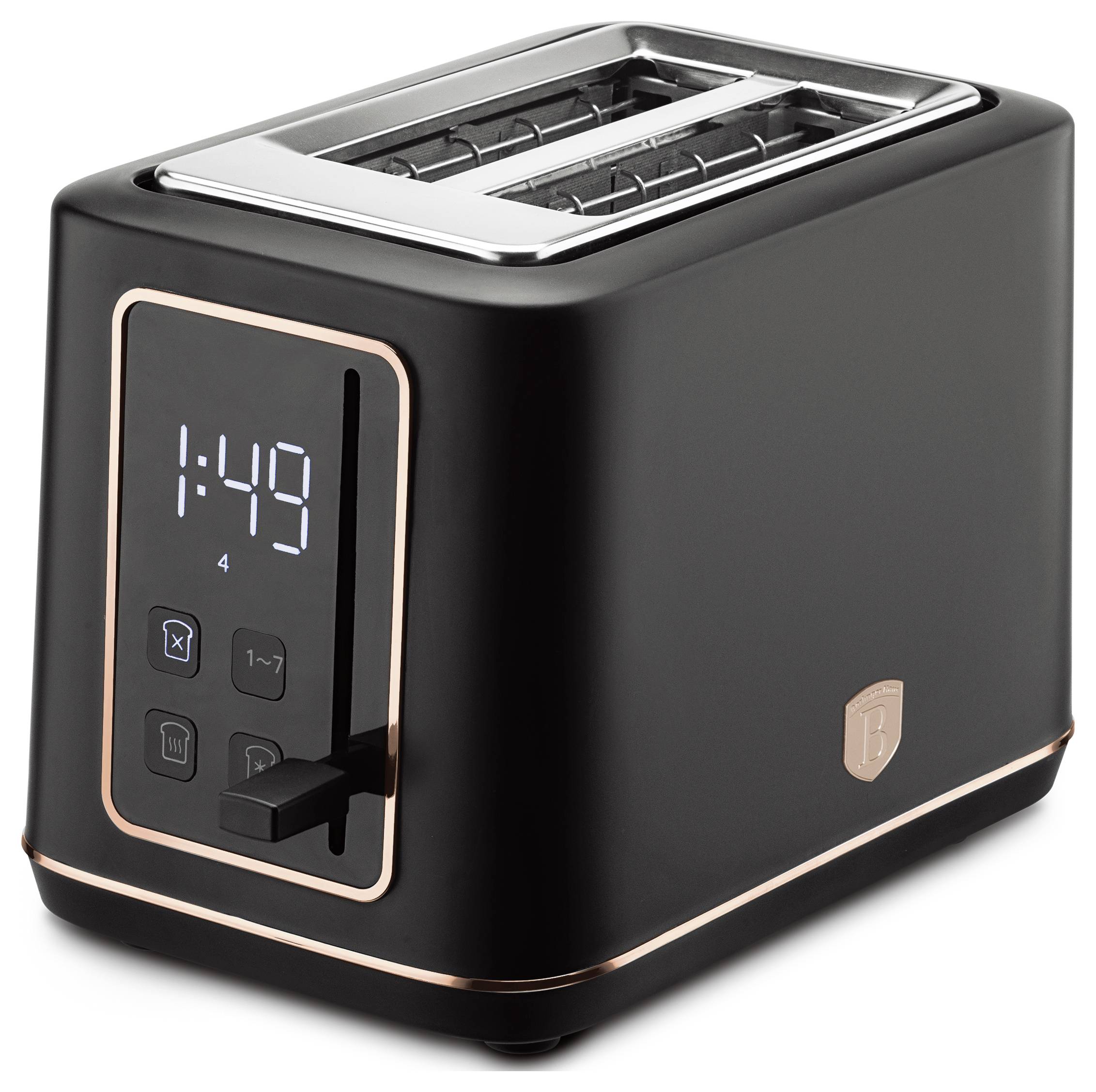Čierny dvoj-rezový toaster s digitálnym displejom a ovládacími prvkami, zobrazujúci 1:49 na prednom paneli.