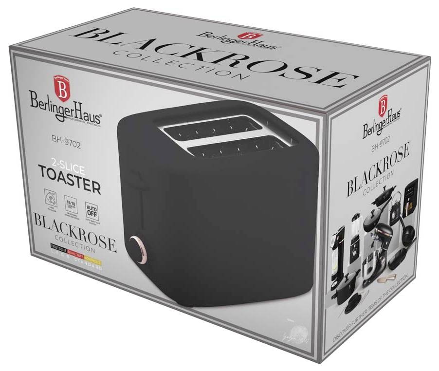 Produktová krabica pre Berlinger Haus Black Rose Collection BH-9702 2-rezinkový toaster, zobrazujúca toaster a značku na balení.