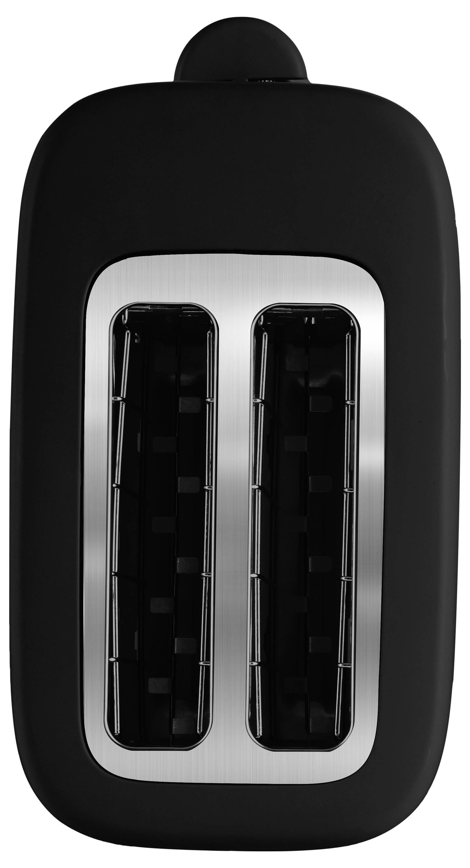 Čierny dvojitý toaster s dvoma otvormi na chlieb so strieborným predným panelom a dvoma vertikálnymi otvormi na chlieb, zobrazený z prednej strany na bielom pozadí
