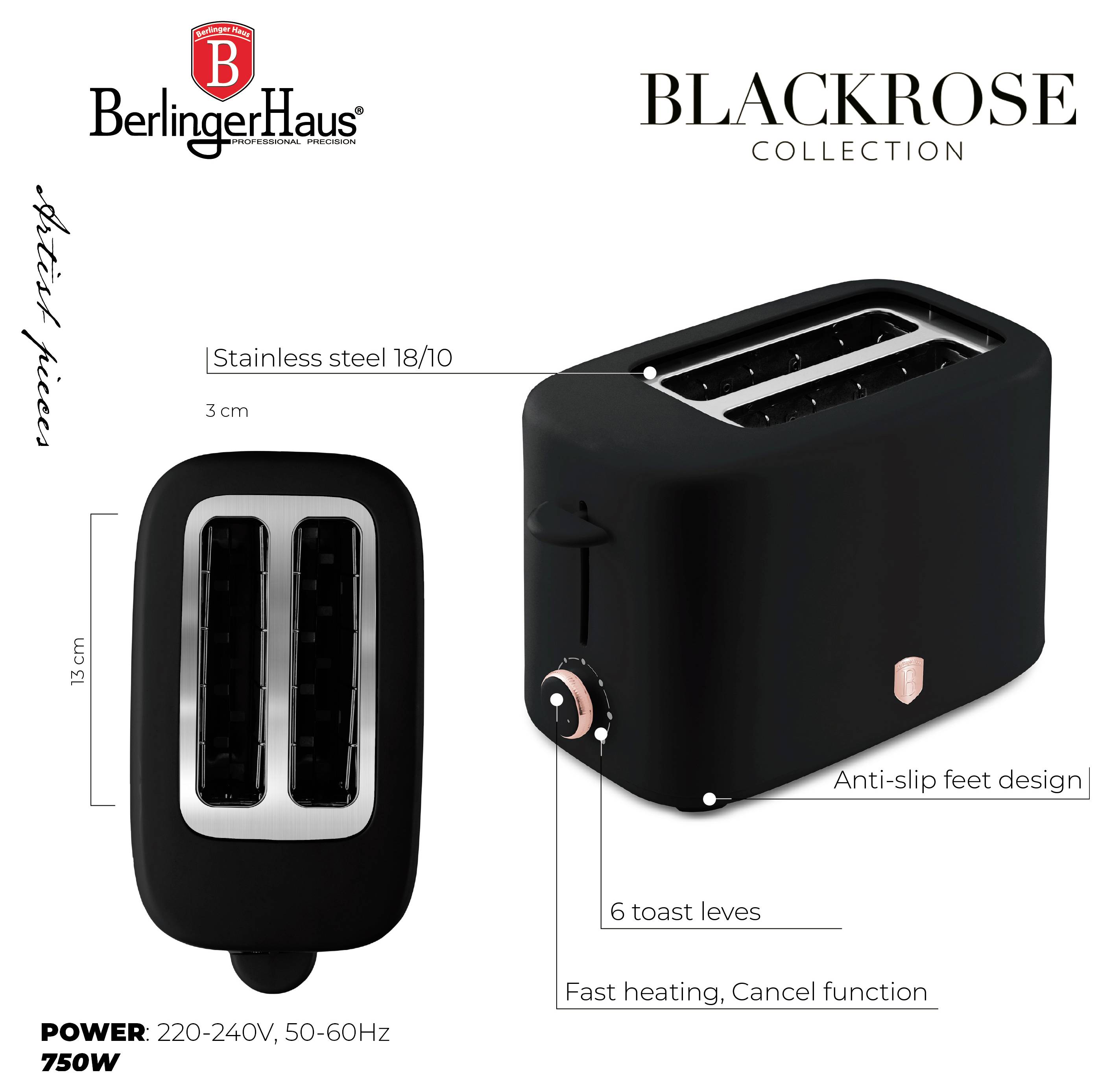 Čierny toaster značky BerlingerHaus Blackrose Collection s označením nehrdzavejúca oceľ 18/10, 6 stupňov praženosti, rýchle zahrievanie a funkcia zrušenia, 750W.