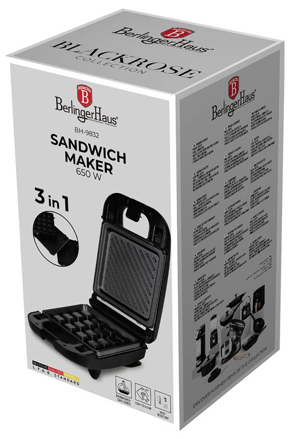 Krabica BeringerHaus "Sandwich Maker" 650 W, zobrazujúca 3-v-1 čierny grill na obale.