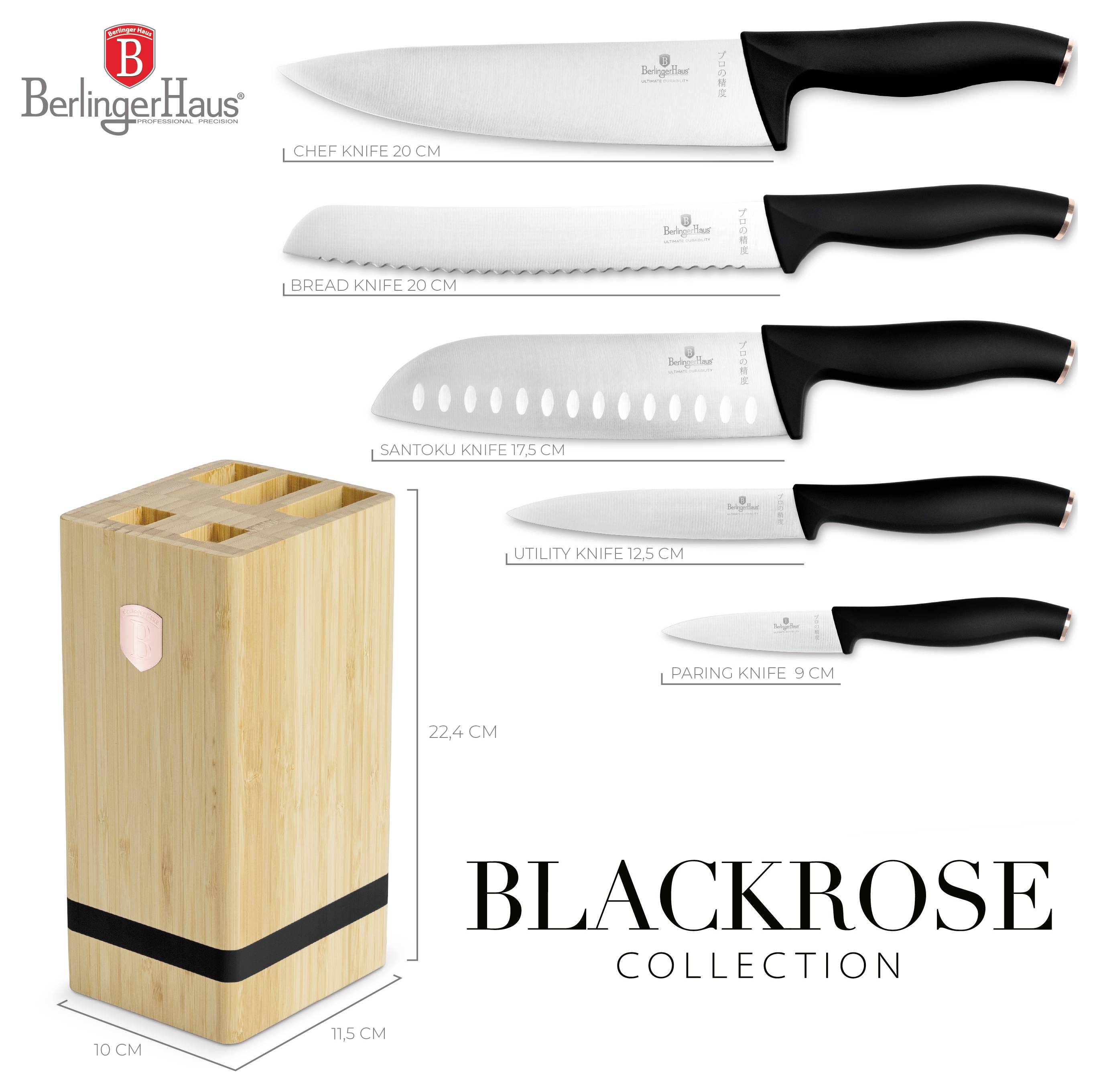 Sada nožov Black Rose Collection od spoločnosti Berlinger Haus s piatimi nožmi a bambusovým blokom; nože sú označené ako šéfkuchár, chlieb, santoku, univerzálny a lúpací.