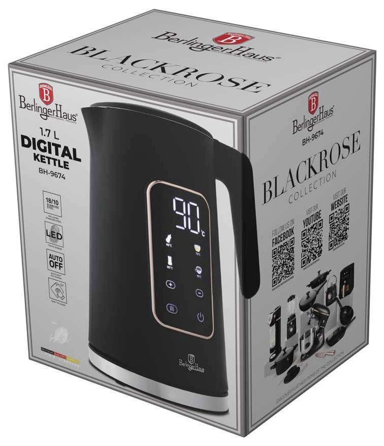 Boxed BerlingerHaus Black Rose 1.7L digitálny čajník s dotykovým displejom zobrazujúcim 90°C.