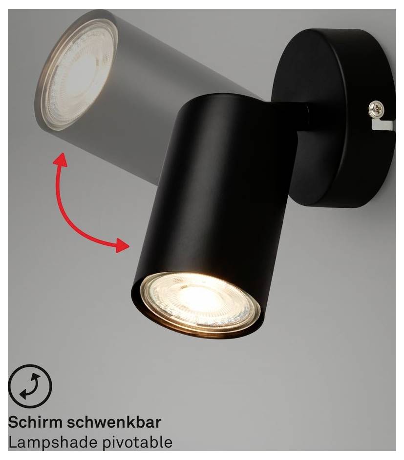 Čierna nastaviteľná nástenná lampa s otáčavým tienidlom; červená šípka ukazuje, že tienidlo sa dá nakloniť, označené ako „Tienidlo otáčavé".