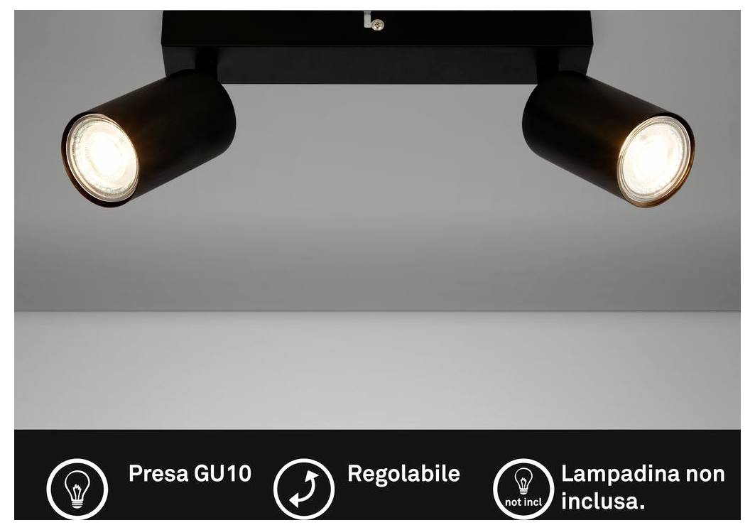 Čierna stropná bodová svetelná armatúra s dvoma nastaviteľnými svetlami GU10; text obsahuje poznámky „Presa GU10", „Regolabile" a „Lampadina non inclusa."