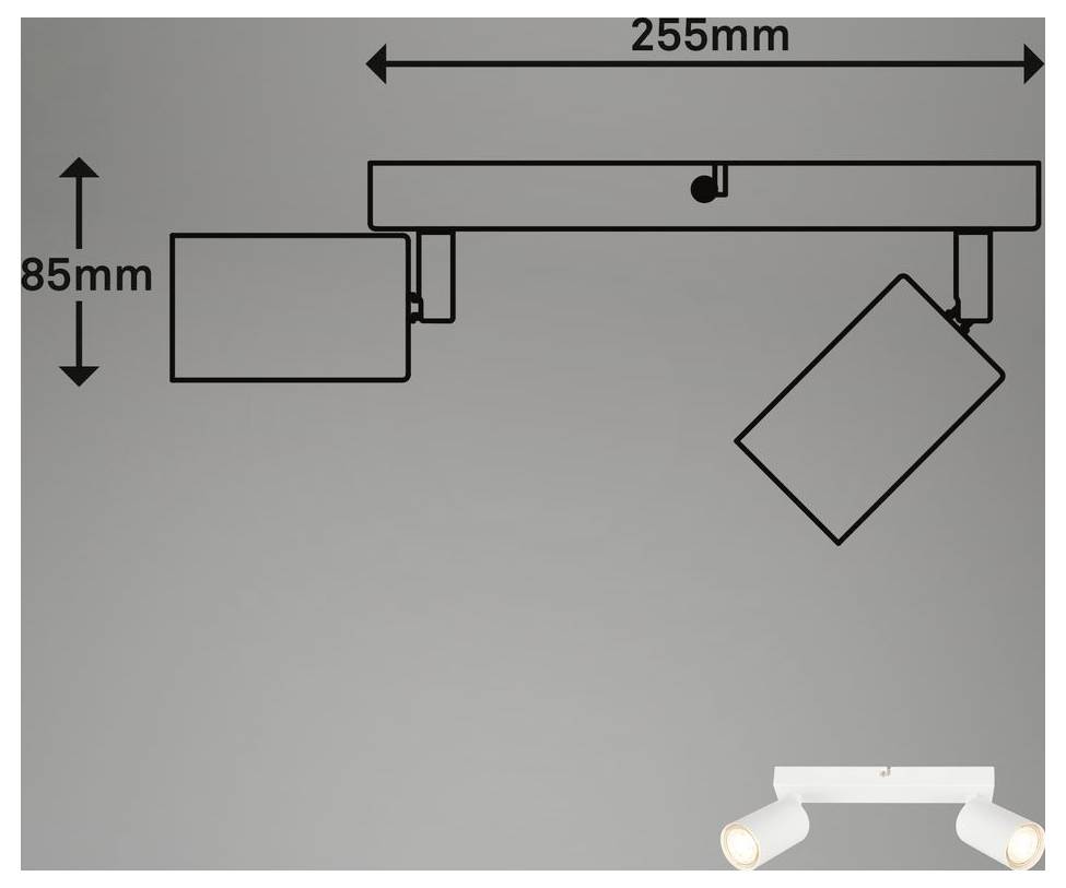 Schéma stropného svetelného reflektora s rozmermi 255 mm na šírku a 85 mm na výšku, s nastaviteľnými svetelnými hlavicami namontovanými na koľajnici.