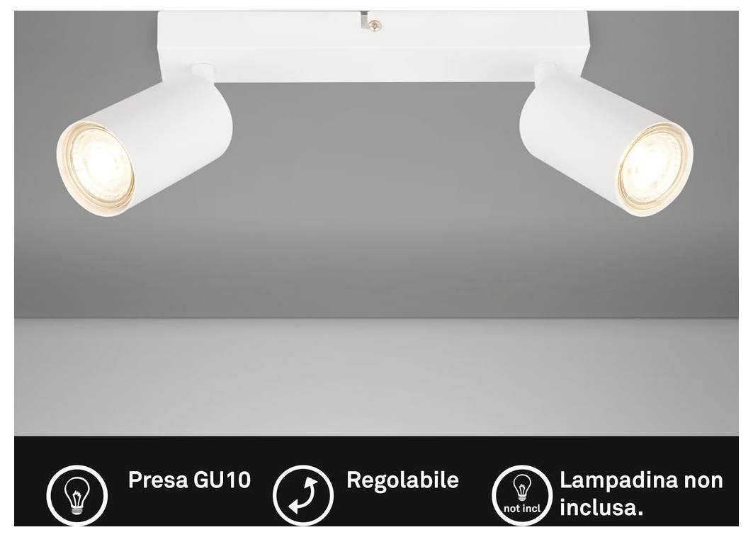 Biely stropný reflektor s dvoma svetlami a nastaviteľnými hlavicami; štítky obsahujú texty „Presa GU10", „Regolabile" a „Lampadina non inclusa."