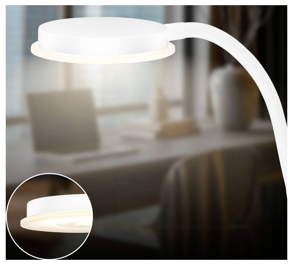 Biela nastaviteľná LED stolná lampa s okrúhlou hlavicou na zakrivenom ramene, zobrazená zapnutá v rozmazanom domácom kancelárskom prostredí s detailným zoomom na svetlo.