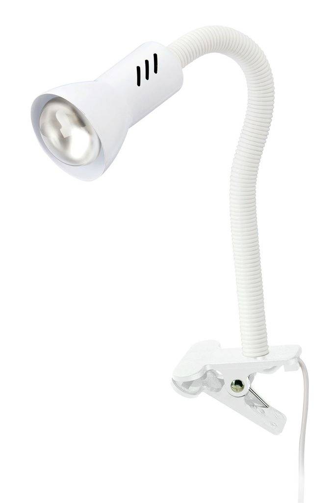 Biela upínacia lampa s flexibilným hrdlom a upínaním základňou, zobrazená na jednoduchom pozadí.
