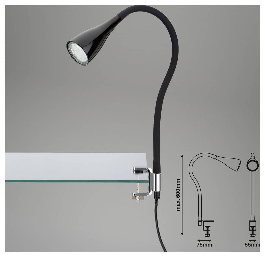 Čierna flexibilná prisvitávacia LED lampa na stôl, zobrazená s rozmerovým diagramom udávajúcim maximálnu výšku 600 mm a šírky zveráka 75 mm a 55 mm.