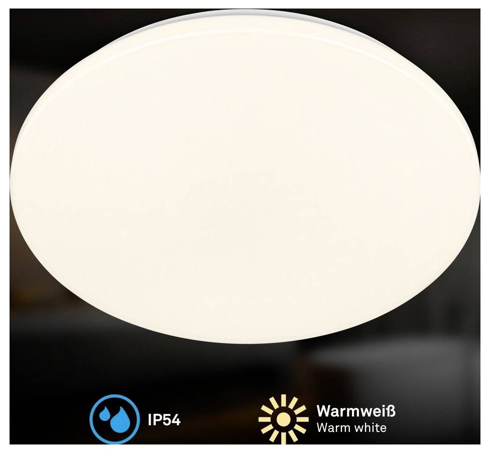 Okrúhly biely stropný svietidlo s hodnotením vodotesnosti IP54 a označením osvetlenia „Warmweiß/Teplá biela".