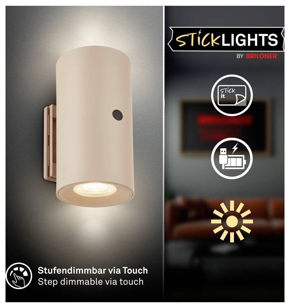Propagačný obrázok nástenného béžového LED svietidla s dotykovým stmávaním; text zní „Stufendimmbar via Touch" a „Step dimmable via touch", značky „STICKLIGHTS by BRILONER".