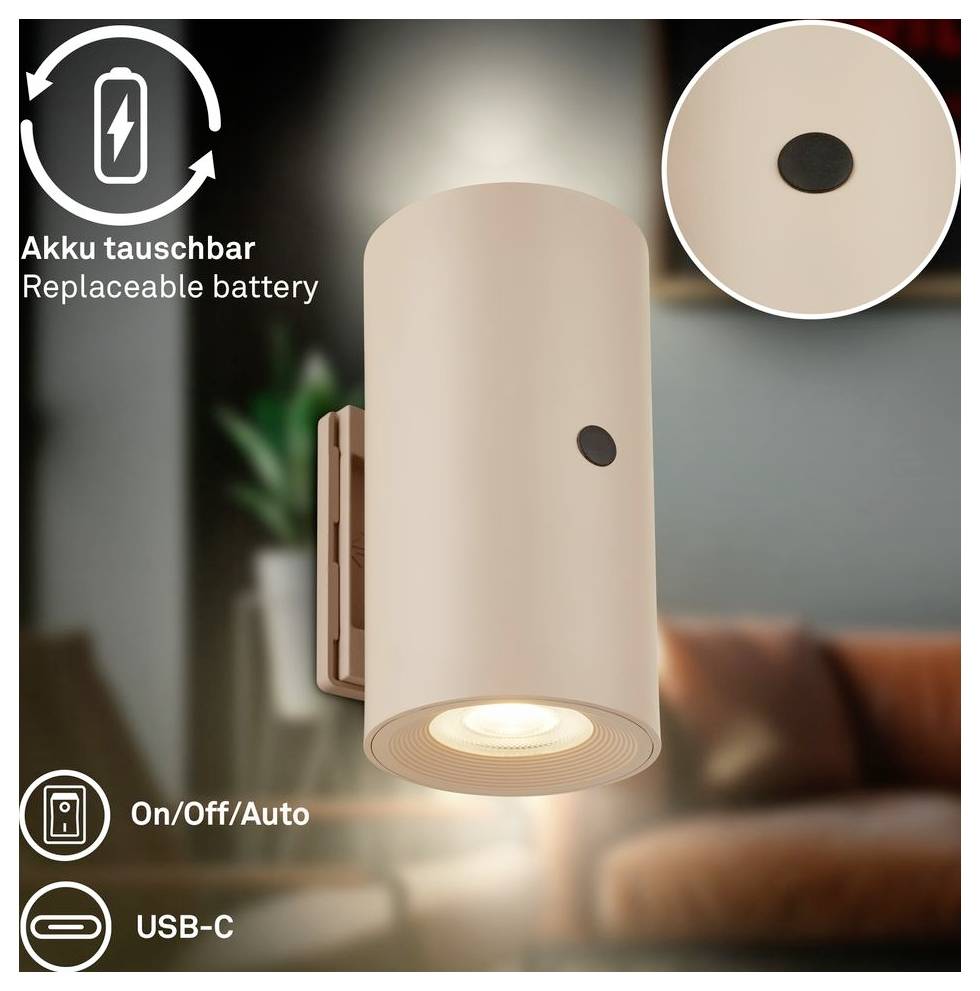 Valcová nástenná lampa s vymeniteľnou batériou, ovládanie zapnutí/vypnutí/automaticky, a nabíjaním cez USB-C, zobrazená so svietiacim efektom v obývacej izbe.