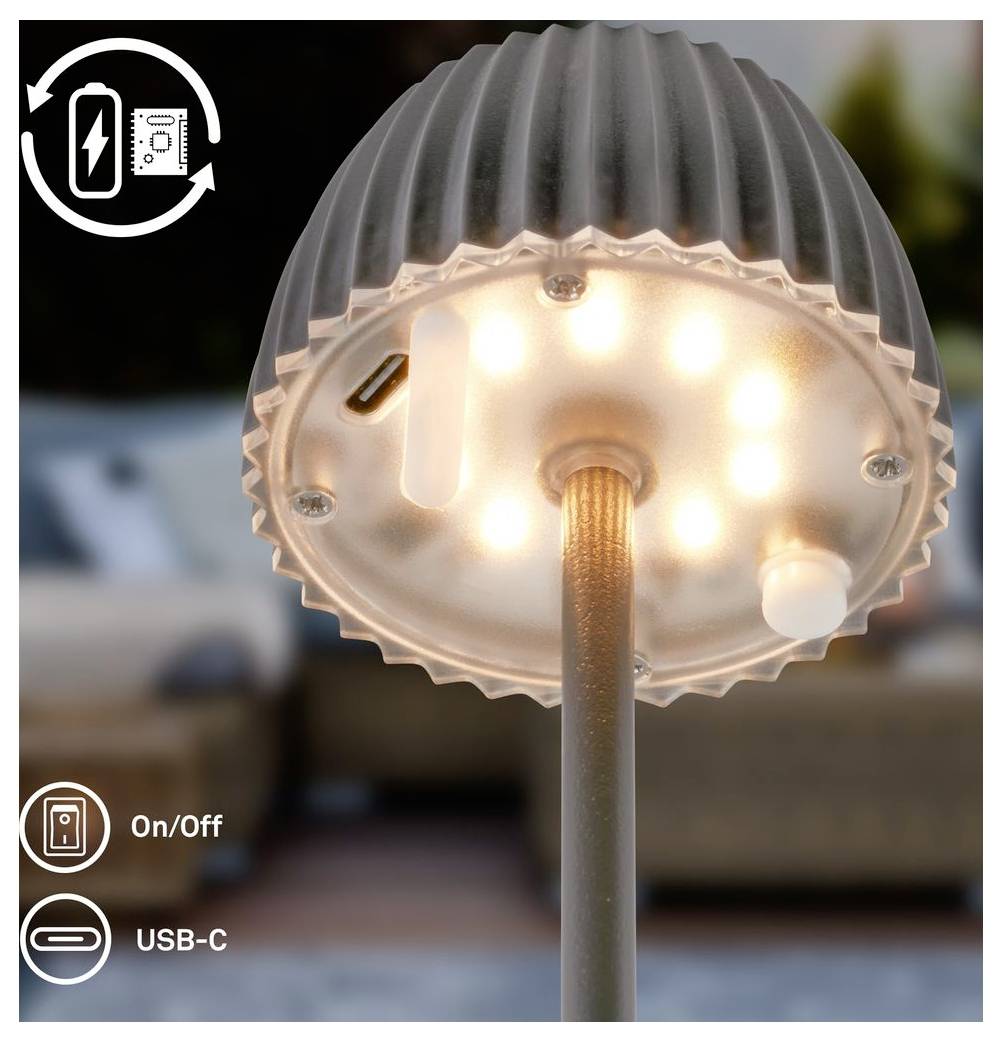 Prenosná LED stolová lampa s teplým svetlom, zobrazujúca ovládanie zapnutia/vypnutia, nabíjanie USB-C a ikonu nabíjateľnej batérie.