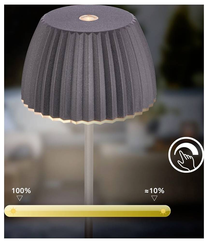 Stolná lampa s vrhaným sivým tienidlom a ikonou dotykového ovládania; posúvač jasu zobrazuje 100% až približne 10%, čo naznačuje stmavovanie.