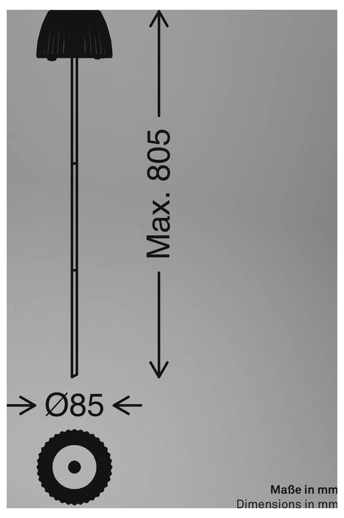 Diagram stojatej lampy zobrazujúci rozmery: maximálna výška 805 mm a priemer podstavy 85 mm; rozmer v milimetroch.