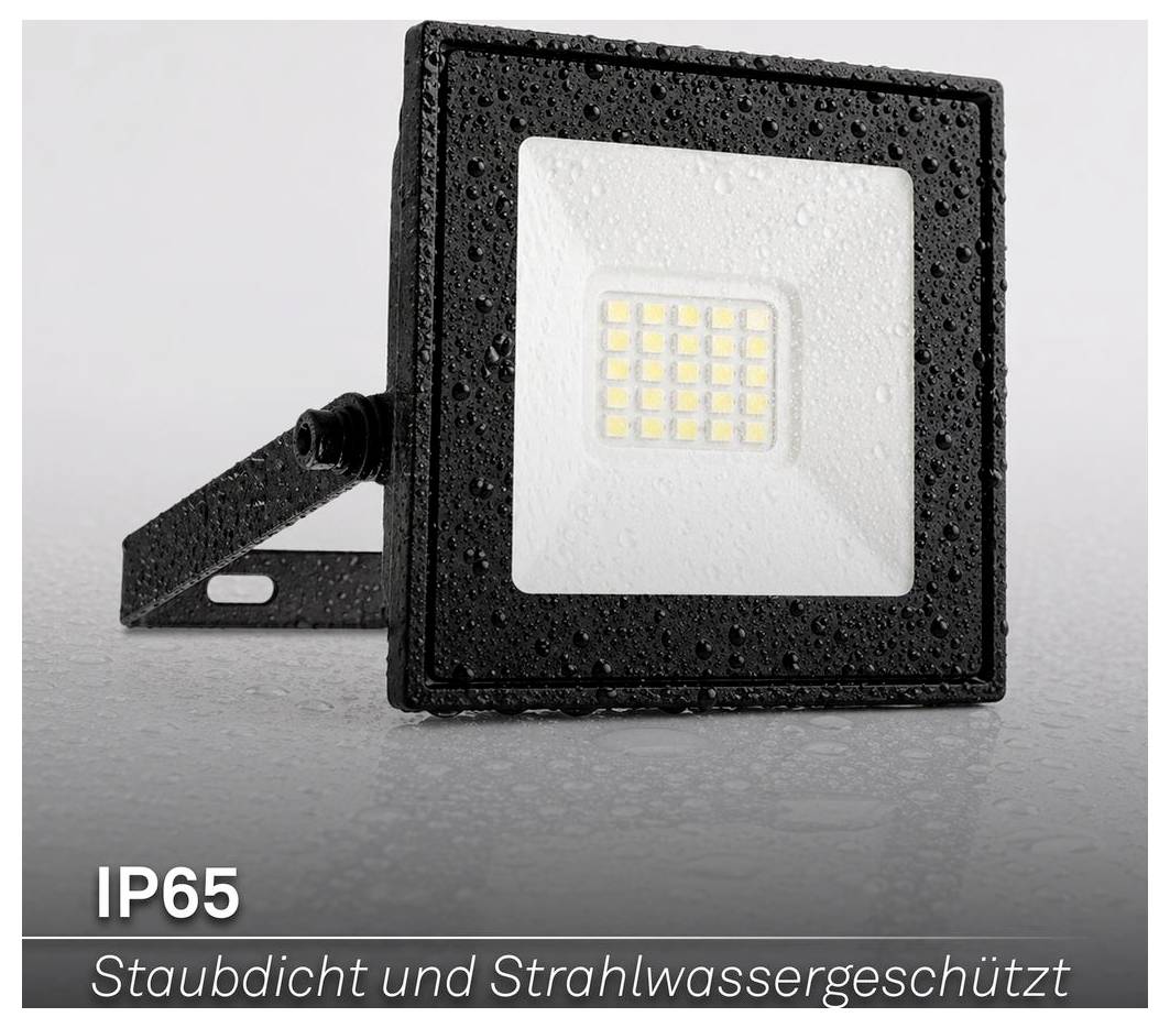 Čierny LED reflektor s hodnotením IP65, označený ako "Staubdicht und Strahlwassergeschützt" na ochranu pred prachom a striekajúcou vodou.