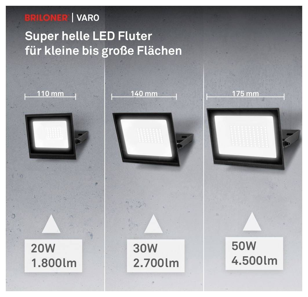 Produktová grafika pre BRILONER VARO extrémne jasné LED reflektory v rozmeroch 110 mm, 140 mm a 175 mm, zobrazujúca modely 20W 1800 lm, 30W 2700 lm a 50W 4500 lm.