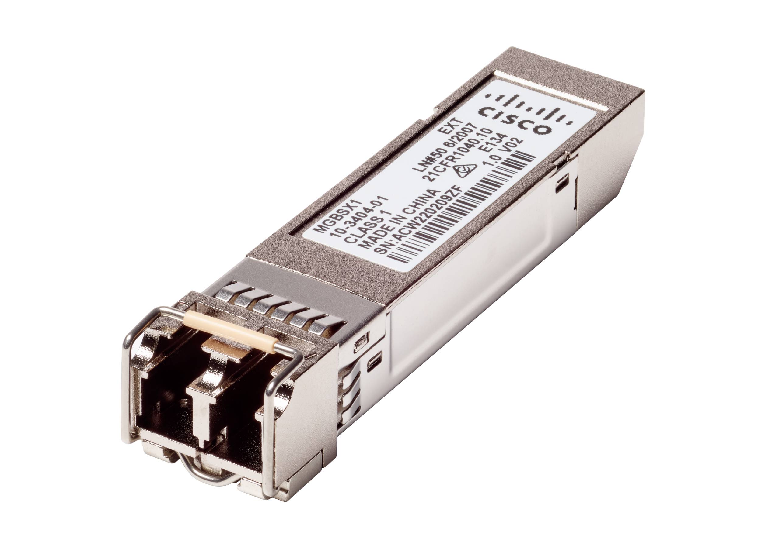 Modul prijímača Cisco SFP s portom RJ45, zobrazený na bielom pozadí.