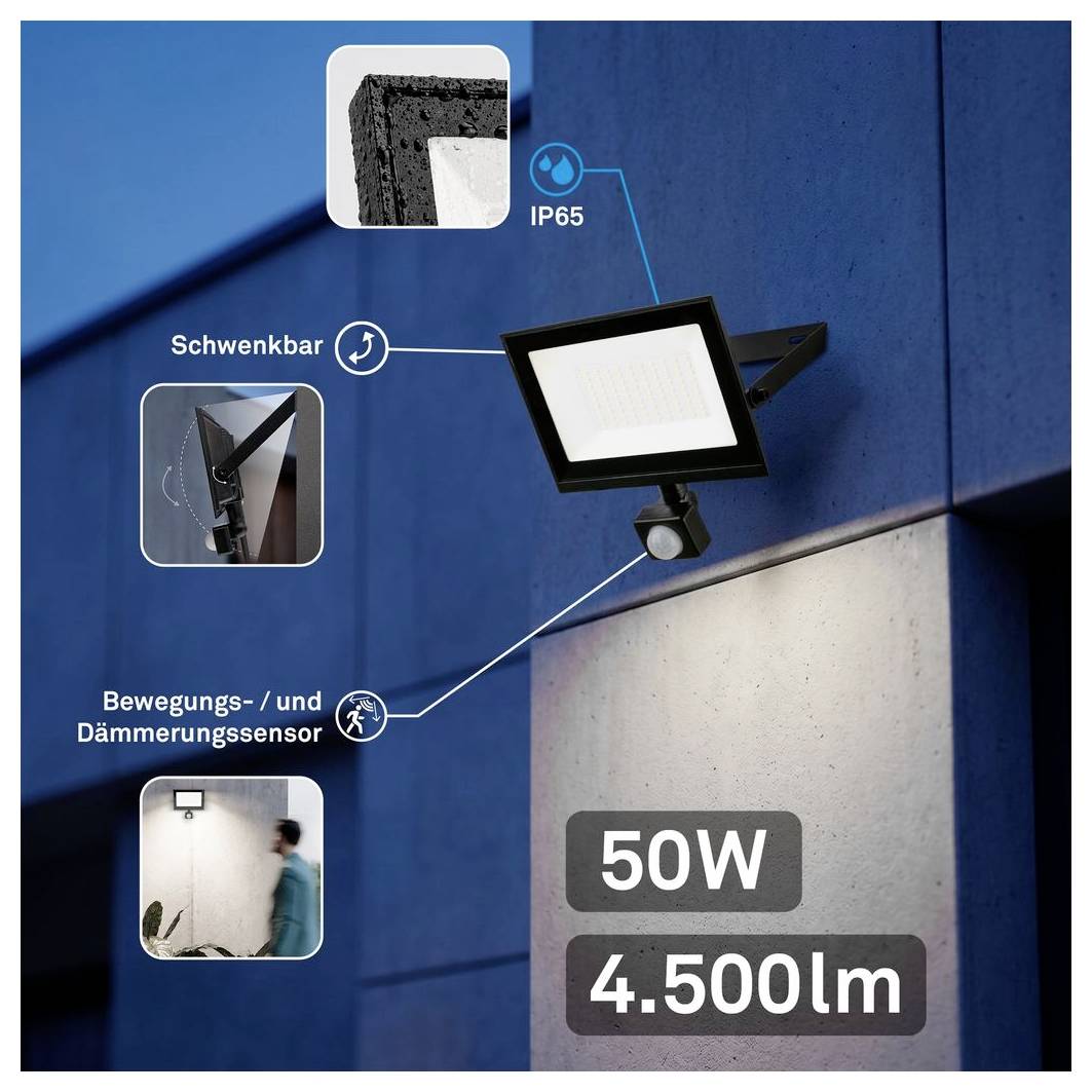 Propagačný obrázok nastaviteľného vonkajšieho LED reflektora s senzorom pohybu a súmraku, s krytím IP65, 50W, 4 500 lm.