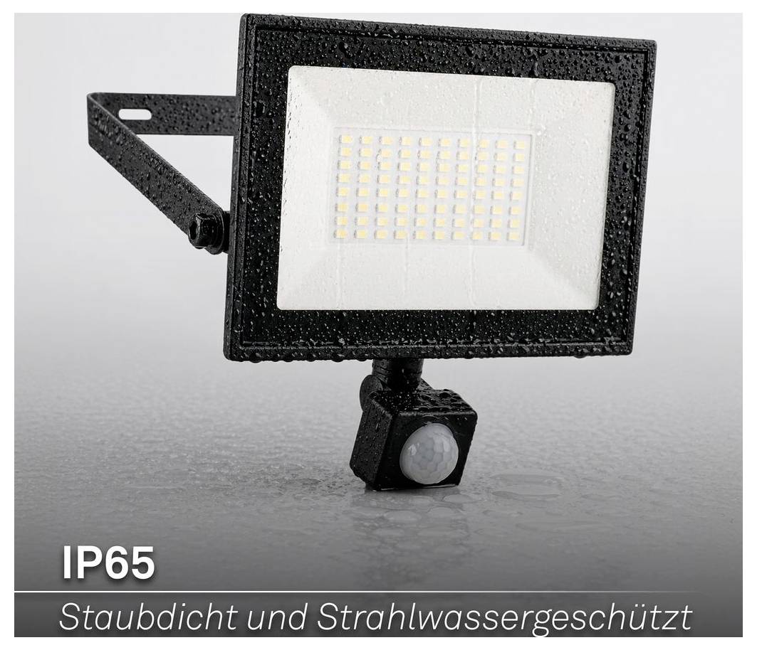 Čierne LED reflektory IP65 s senzorom pohybu, zobrazené na sivom pozadí; text hovorí "IP65" a "Prašne a striekajúco vodoodolné"