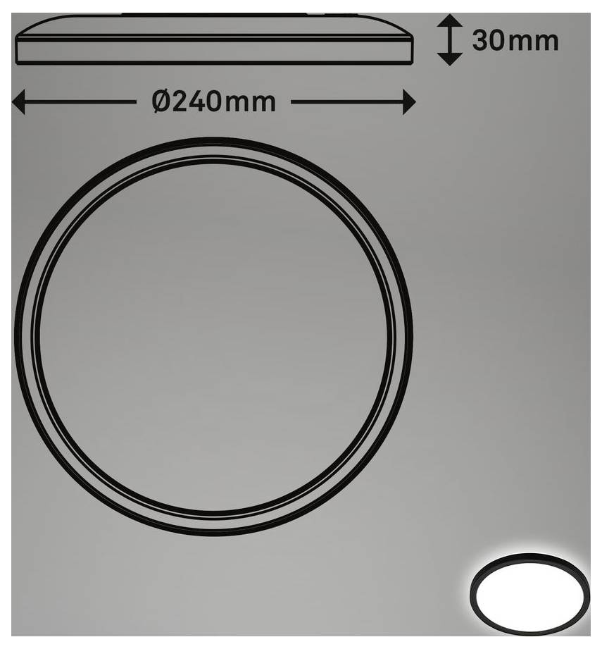 Technický diagram guľatého predmetu znázorňujúci rozmery: priemer 240 mm a výška 30 mm, s pohľadom zhora a čelným pohľadom.