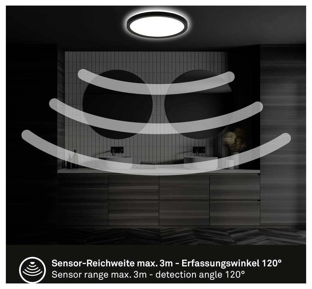 Diagram znázorňujúci dosah detekcie senzora: max 3 m a uhol 120°, znázornený cez nástenný jednotku v miestnosti.