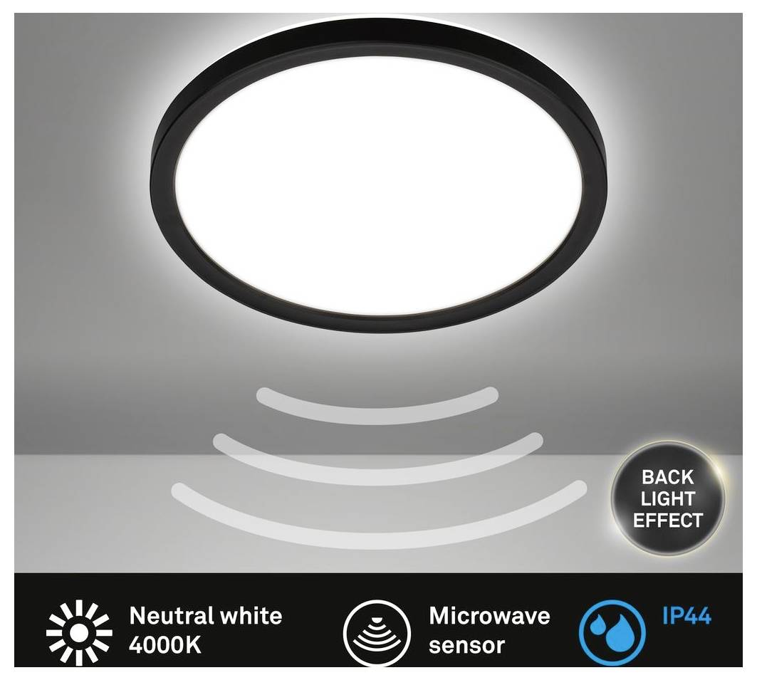 Okrúhle LED stropné svietidlo s mikroválovým senzorom a efektom zadného osvetlenia; označené neutrálna biela 4000K a IP44.