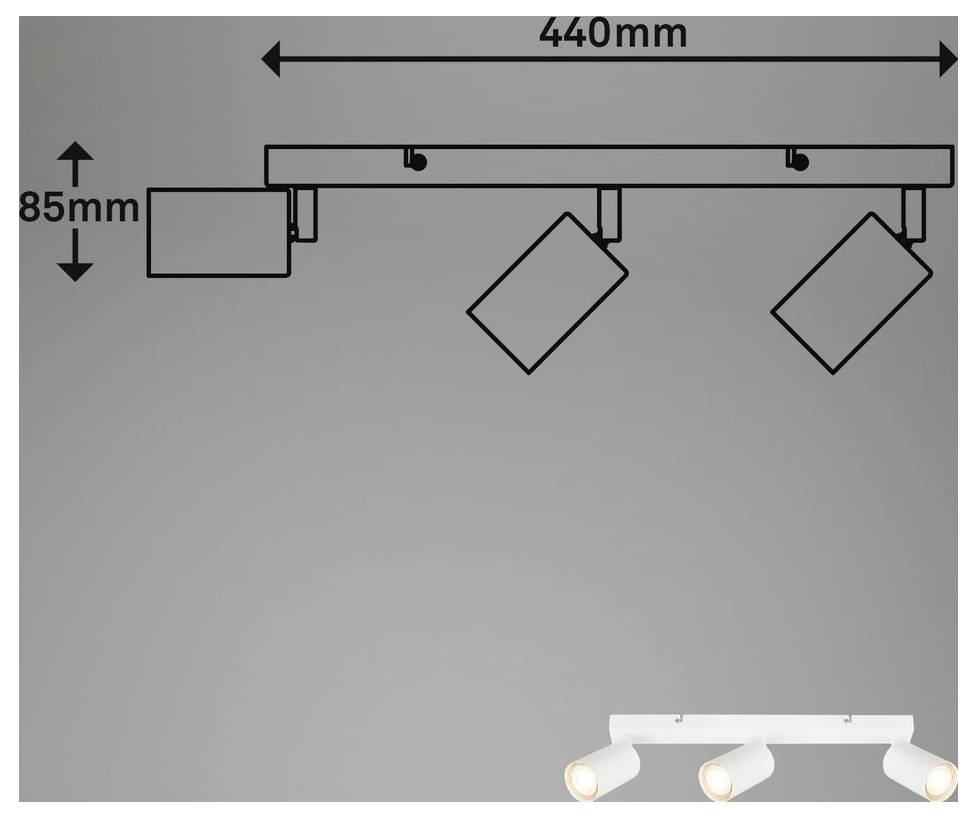Diagram trojitého stropného triedneho zariadenia s dĺžkou 440 mm a výškou 85 mm s nastaviteľnými hlavicami reflektorov.