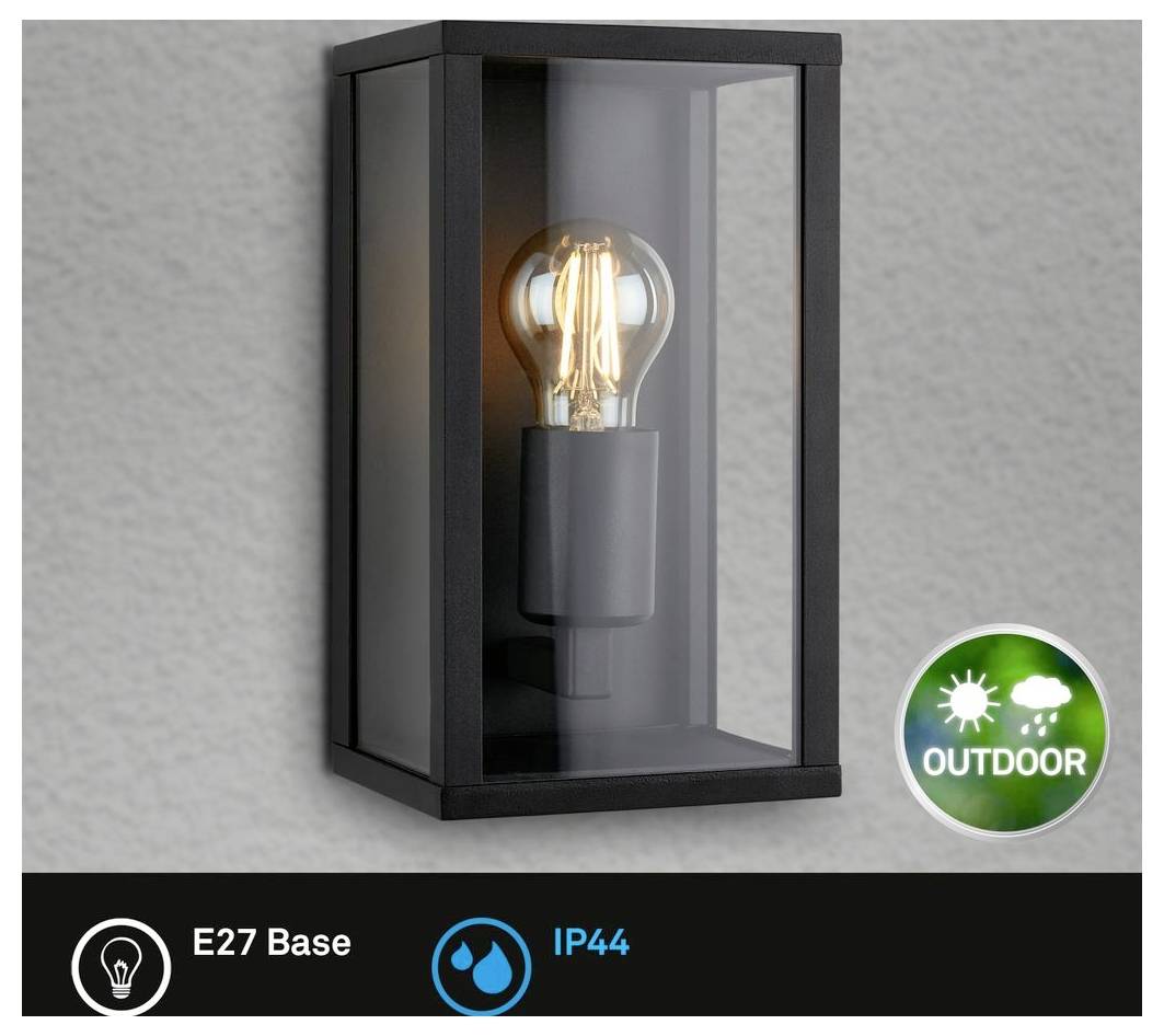 Čierna vonkajšia nástenná lampa s čírymi sklenenými panelmi a viditeľnou žiarovkou; označená päť E27 a IP44, s odznakom „OUTDOOR".