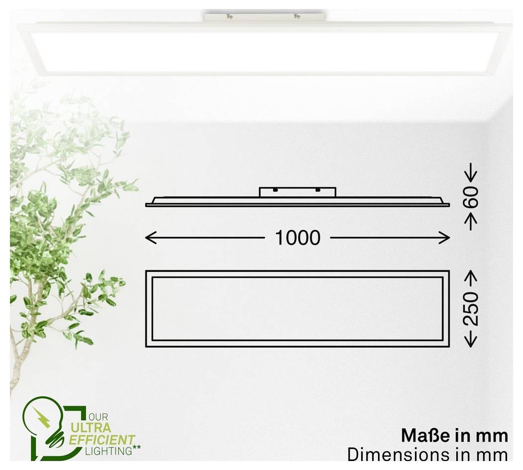 Rozmerový diagram obdĺžnikového LED stropného svietidla s rozmermi: šírka 1000 mm, hĺbka 250 mm a výška 60 mm.