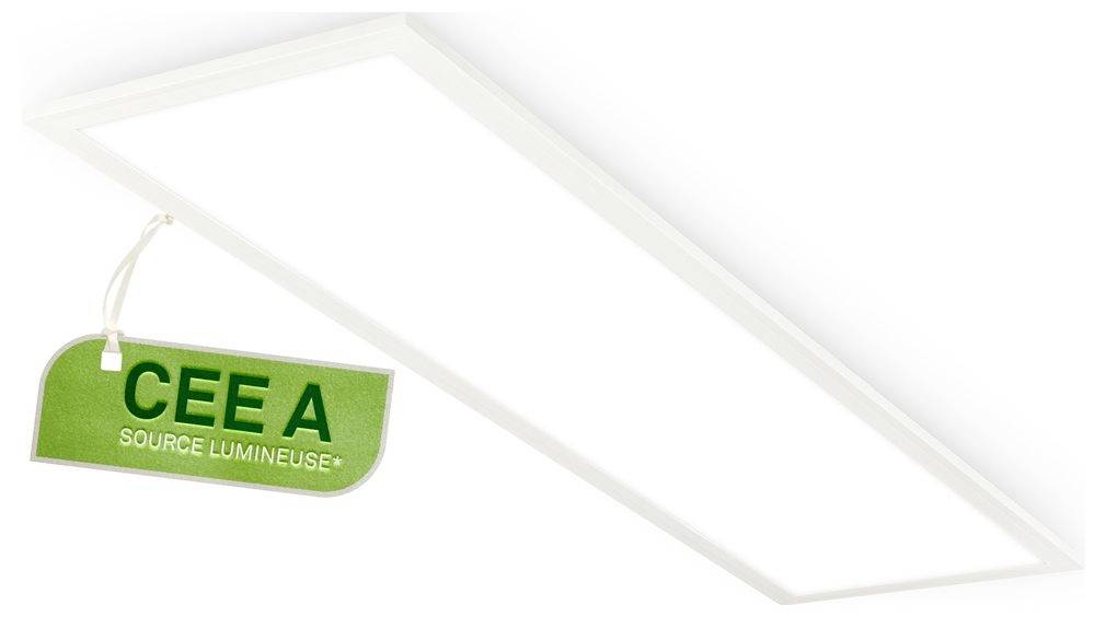 Stropný svetelný panel s visiacou zelenou cedulkou označenou „CEEA" a „SOURCE LUMINEUSE".