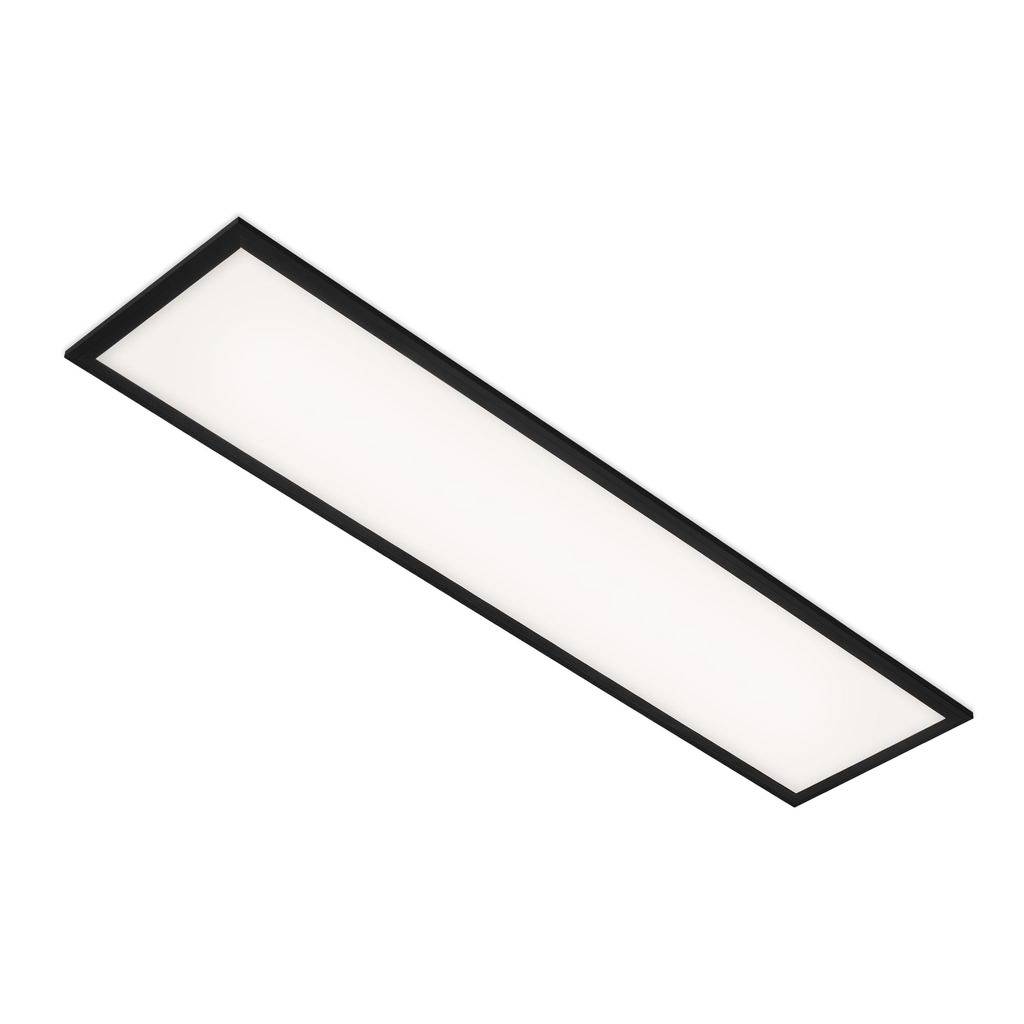 Dlhý obdĺžnikový zapustený stropný svetelný panel s čiernym rámom a bielym difúzorom, zobrazený v uhle na bielom pozadí.
