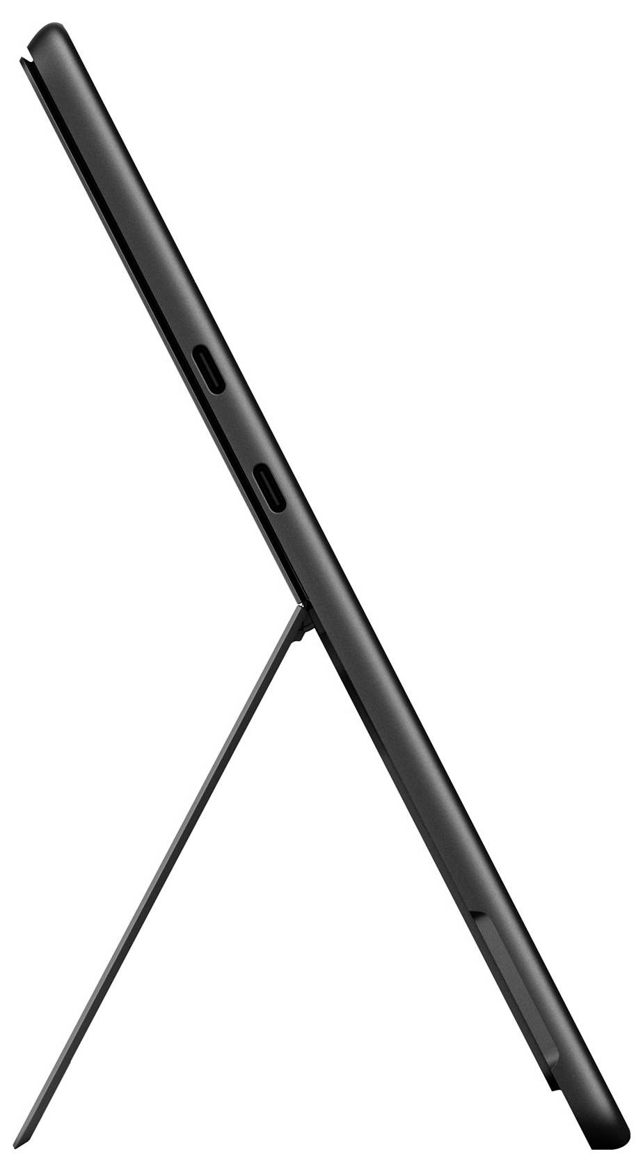 Pohľad z boku na tenký čierny tablet alebo telefón položený na stojanskej podpere.