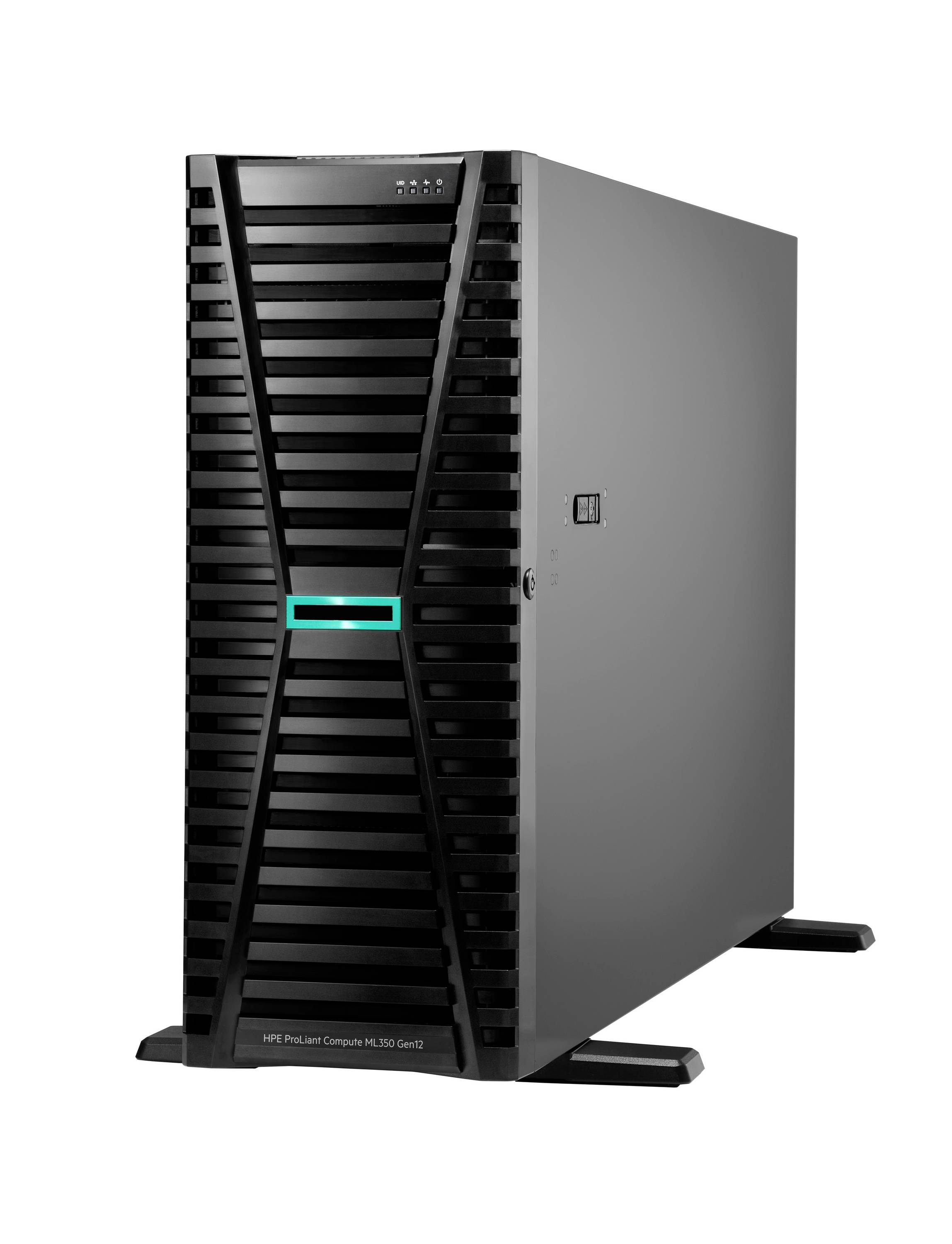 Čierna serverová veža HPE ProLiant s predným vetracím mriežkami a malým svietiacim panelom loga na bielom pozadí.