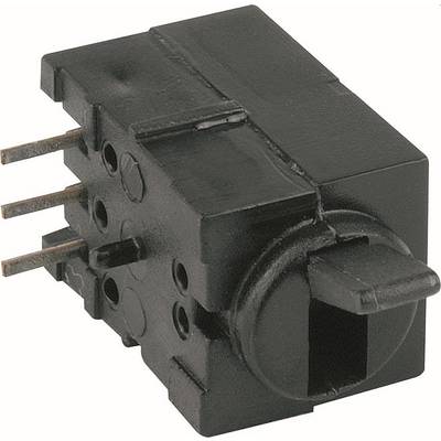 Čierny elektrický konektor so tromi exponovanými kovovými kolíkmi a štvorcovým otvorom na čelnej strane.
