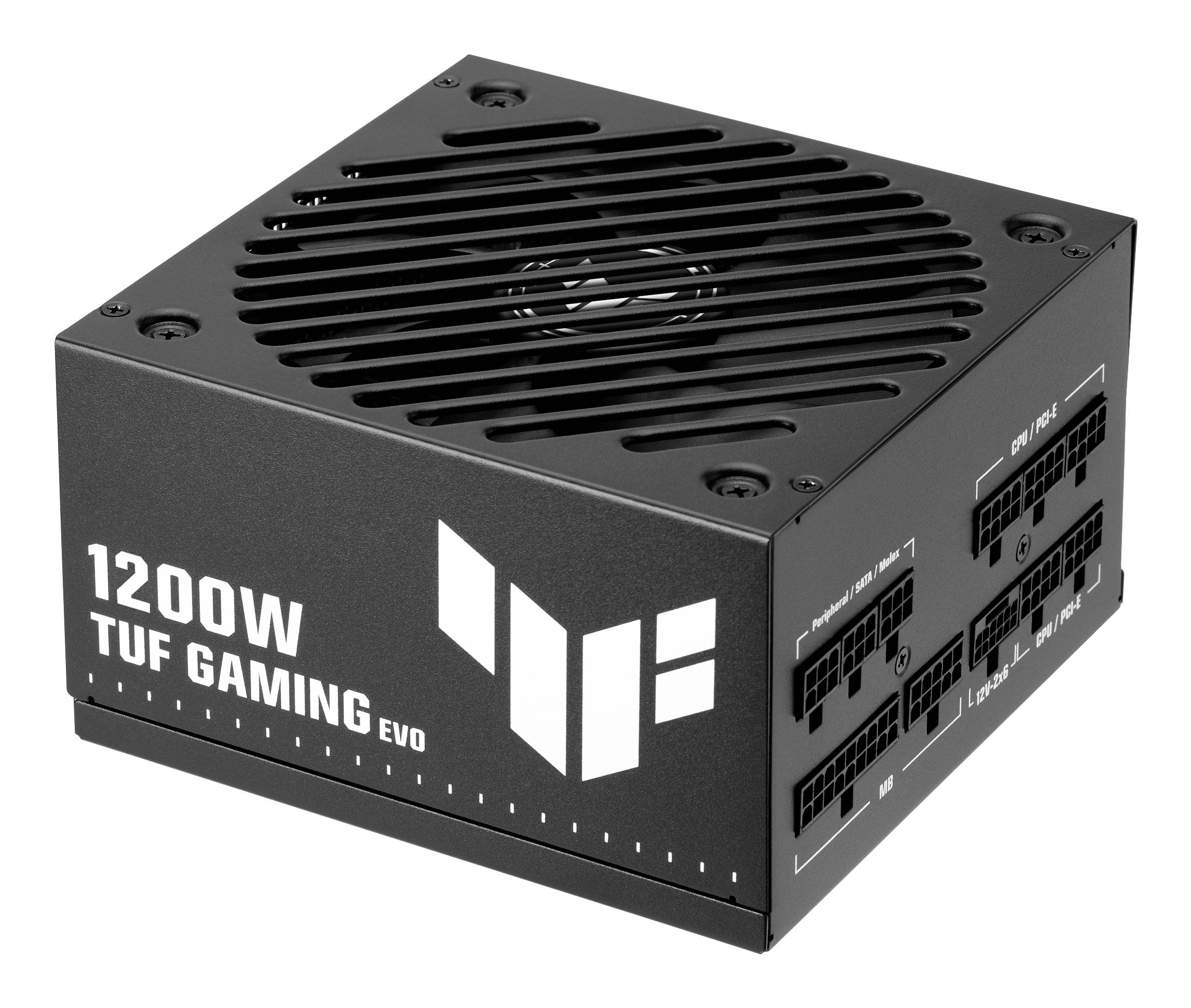 Čierny 1200W TUF Gaming EVO zdroj s ventiláciou na vrchu a modulárnymi portami káblov na boku