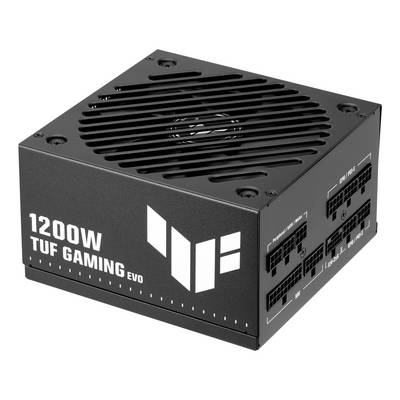 Čierny 1200W TUF Gaming EVO zdroj s ventiláciou na vrchu a modulárnymi portami káblov na boku
