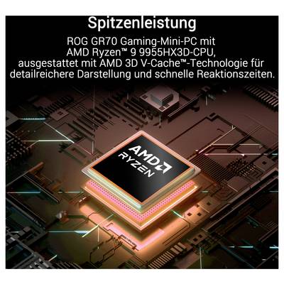 Propagačná grafika pre ROG GR70 Gaming Mini-PC s AMD Ryzen 9 9955HX3D a AMD 3D V-Cache, zdôrazňujúca "Najvyšší výkon" v nemčine.