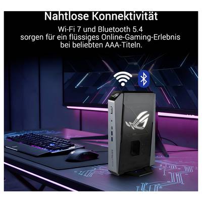 Propagačný obrázok herného PC-čka s kompaktnou stolnou vežou, klávesnicou a myšou; text hovorí "Bezproblémová konektivita" a zdôrazňuje Wi-Fi 7 a Bluetooth 5.4 pre hladké online hranie.