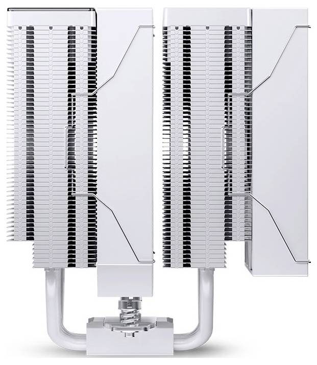 Dva vedľa seba umiestnené automotívne radiátorové/chladiace jadrá prepojené U-tvarovaným hliníkovým potrubím a centrálnym ventilom na bielom pozadí.