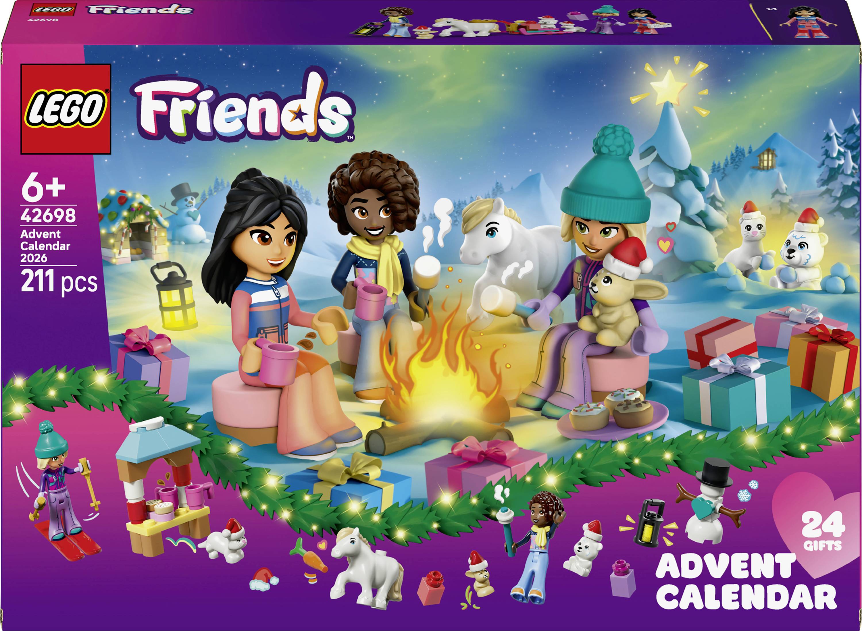 LEGO Friends Adventný kalendár - obal s dvoma dievčatami, domácimi zvieratkami a darmi zhromaždenými okolo ohňa v snehovej sviatočnej scéne, s textom „24 darami" a „211 kusov".