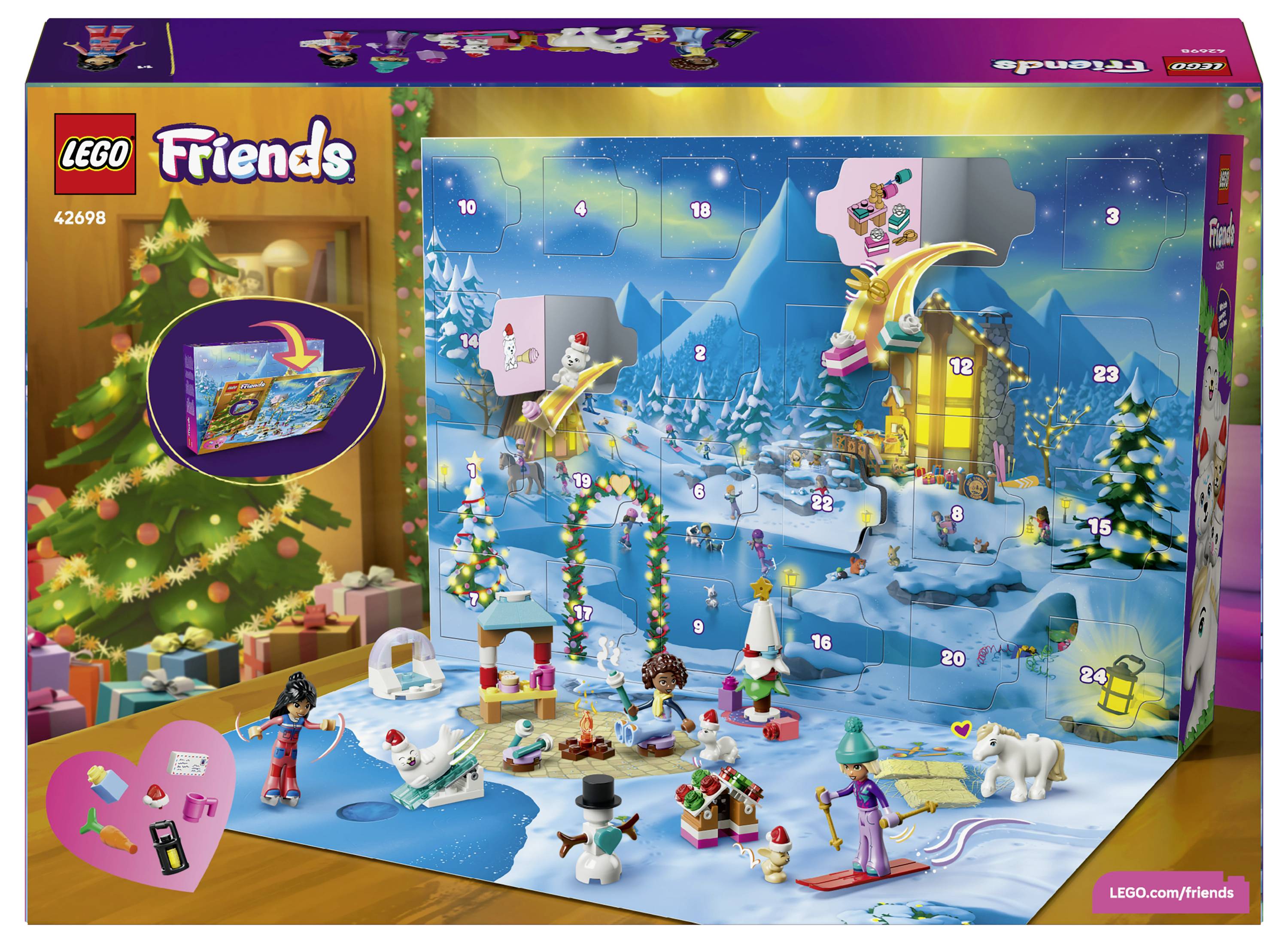 LEGO Friends Adventný kalendár s krabicou zobrazujúcou zasnežený zimný scenár s 24 očíslovanými dvierkami a malými minifigúrkami s vianočnou tematikou a doplnkami.