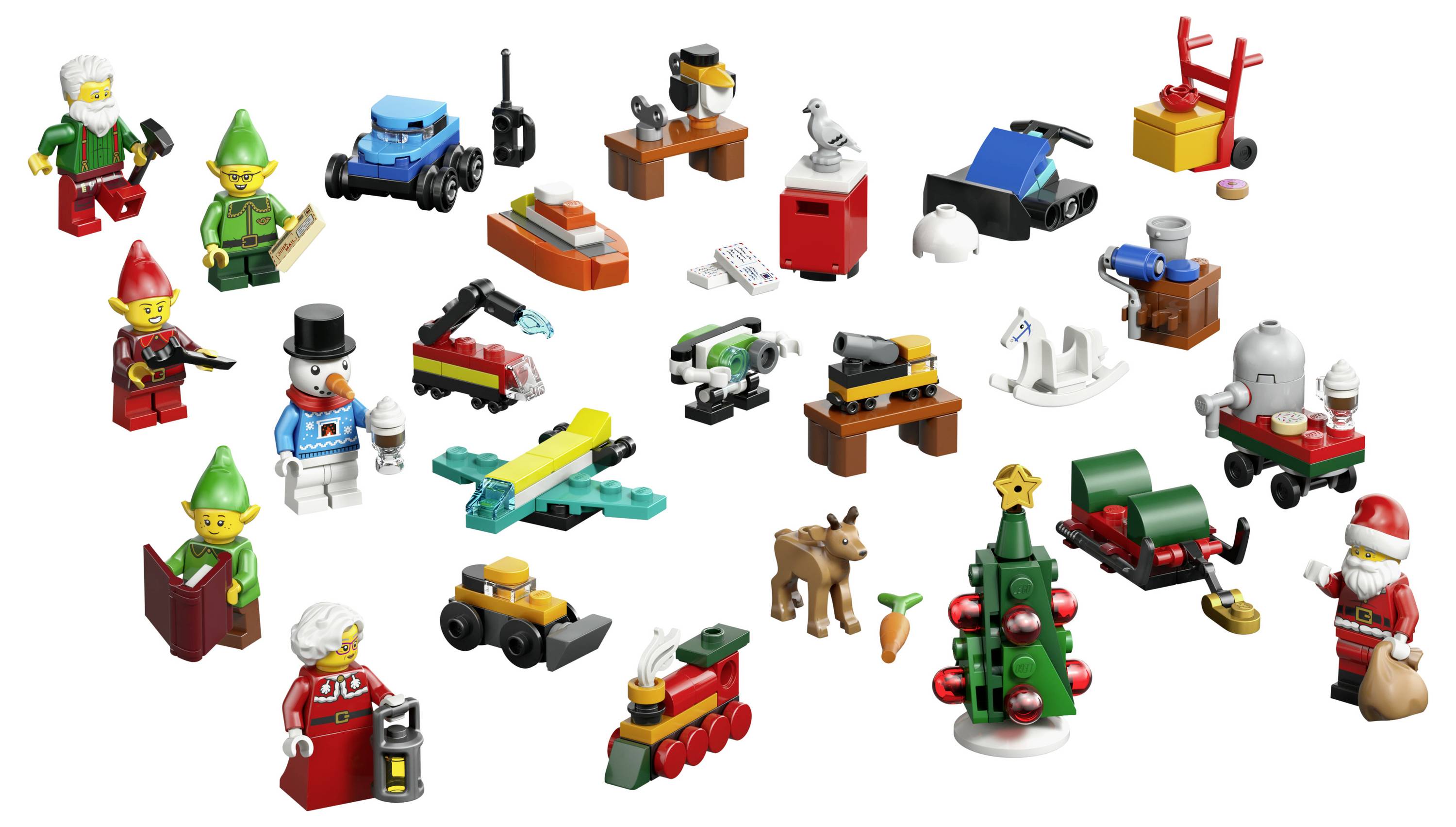 Rozličné LEGO zimné a sviatočné mini-stavby a minifigúrky vrátane Santaša, skratiek, hračiek, zvierat a slávnostných vozidiel na bielom pozadí.