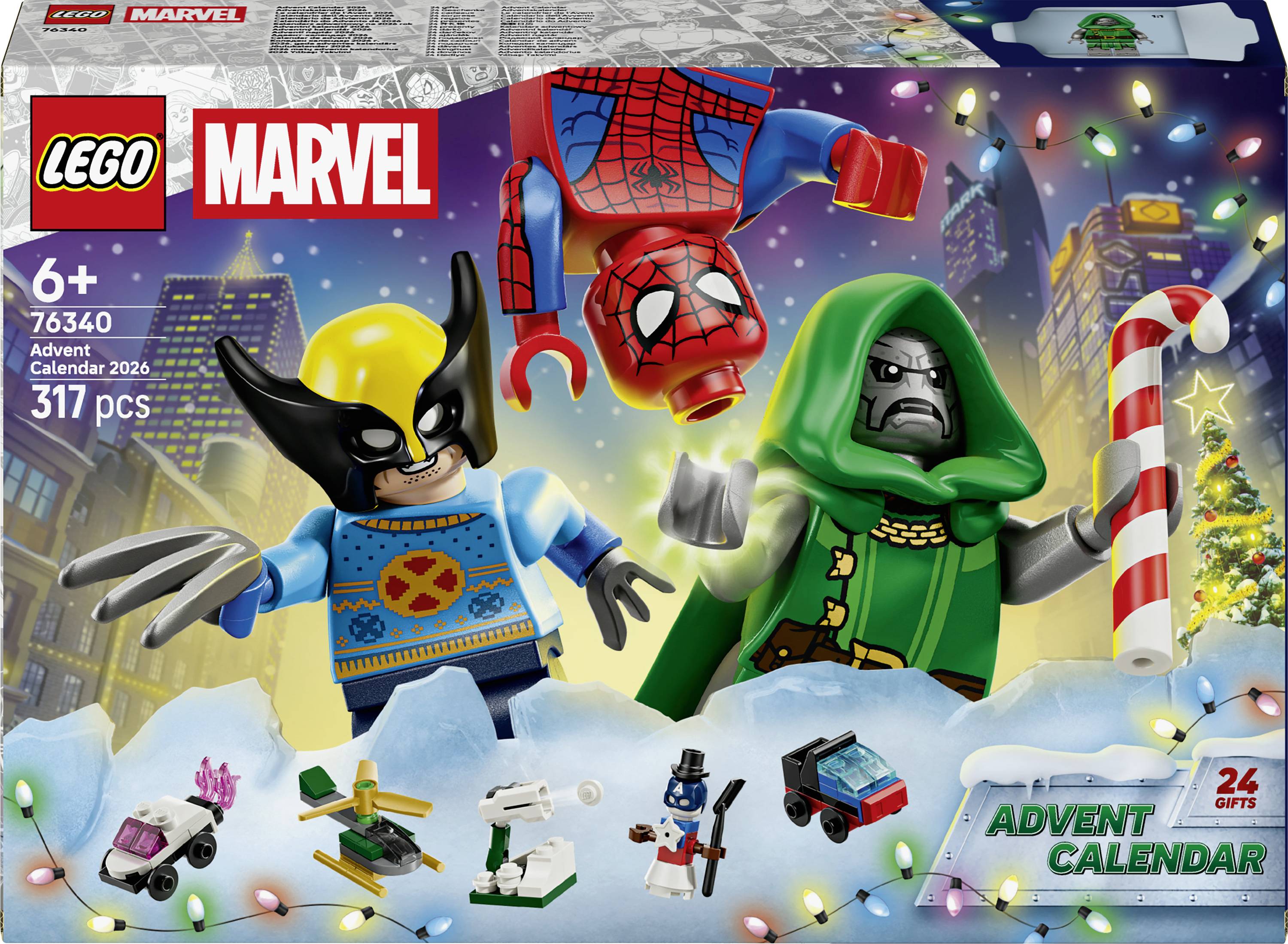 LEGO Marvel Adventný kalendár 2026 obálka zobrazujúca Wolverina, Doktora Dooma a Spider-Mana uprostred snežných slávnostných scén a 24 darčekov v odpočítaní.