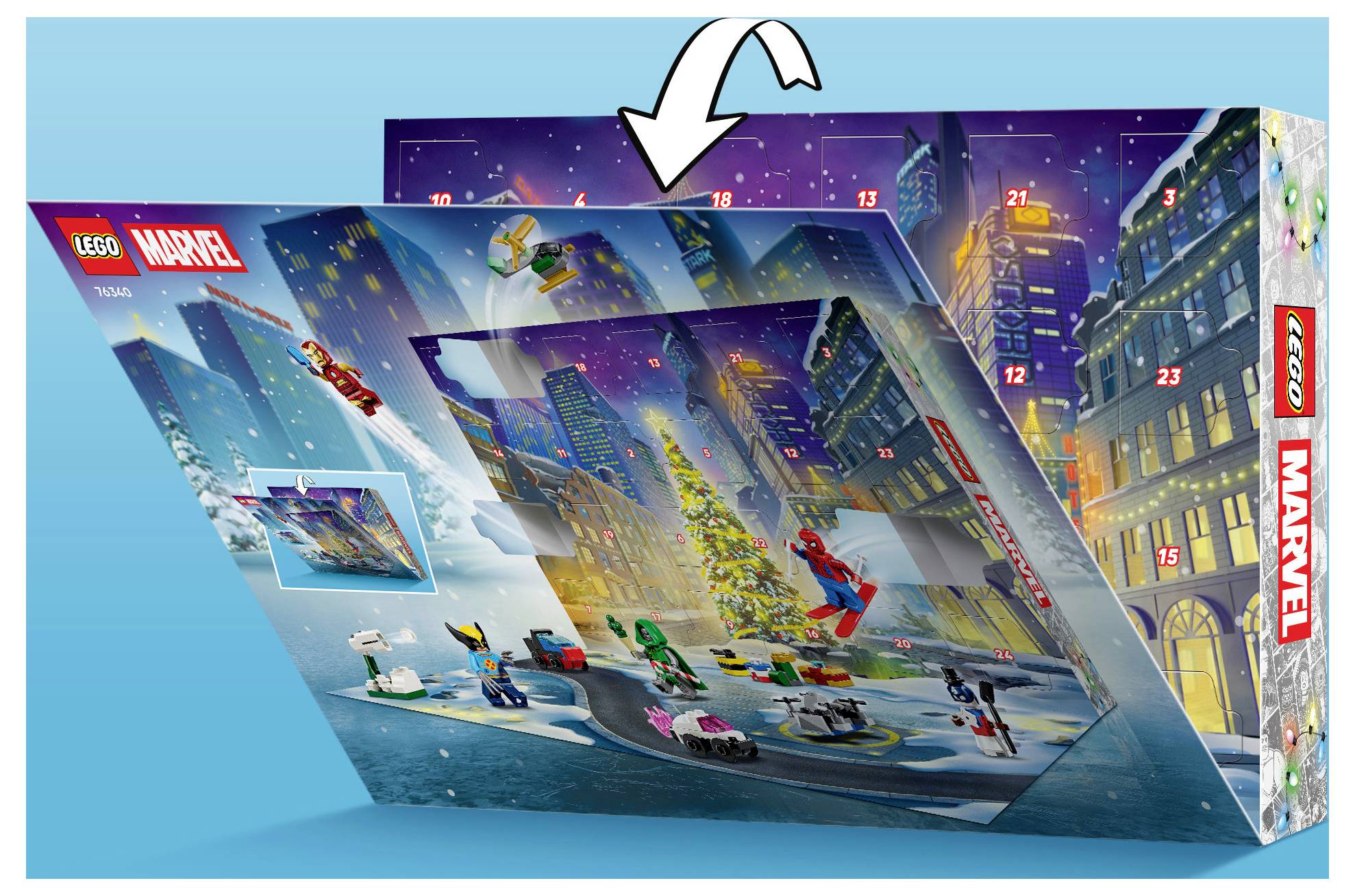 LEGO Marvel Adventný kalendár s boxom obsahujúcim zasnežené mestské scenéry a očíslované dvierka, zobrazujúci superhrdín a vianočné darčeky.